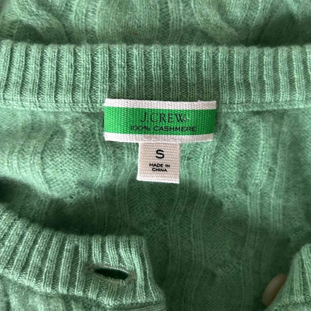 J.Crew 100% Cashmere Cable Knit Henley Short Sleeve Cropped Sweater Green Small - Picture 4 of 7